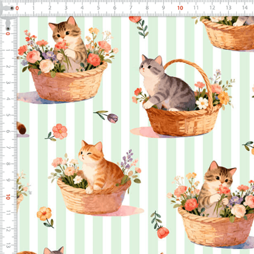 Tecido Tricoline Estampado Gatinhos Cestas Florais Listrado Verde 9050V546