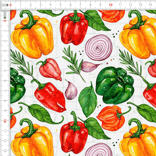 Tecido Tricoline Estampado Pimentões Coloridos e Temperos 9050V524