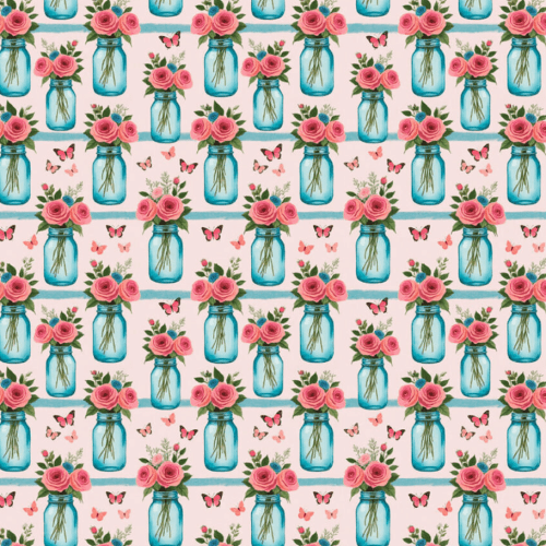 Tecido Tricoline Estampado Rosas em Vasos e Borboletas 9050V493
