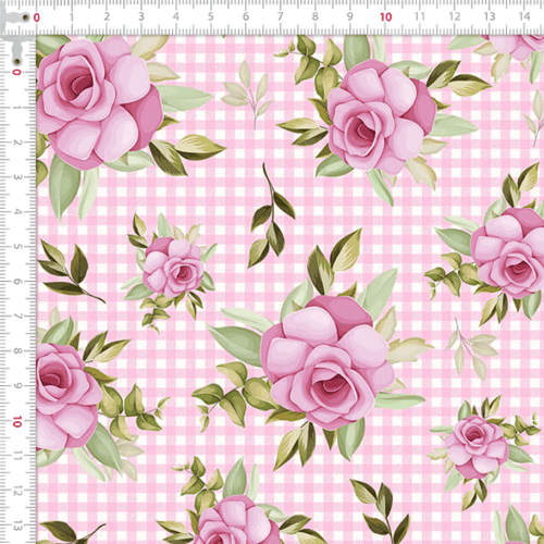 Tecido Tricoline Estampado Rosas Rosa Xadrez 9050V499