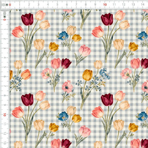Tecido Tricoline Estampado Tulipas Coloridas Xadrez Azul 9050V492