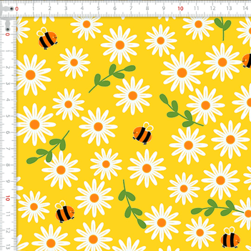 Tecido Tricoline Estampado Abelha e Margaridas Fundo Amarelo Escuro 4123v009