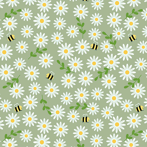 Tecido Tricoline Estampado Abelha e Margaridas Fundo Verde 4123v008