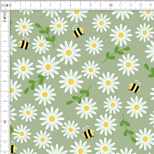 Tecido Tricoline Estampado Abelha e Margaridas Fundo Verde 4123v008