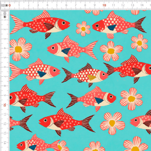 Tecido Tricoline Estampado Aquário de Peixes e Flores 9050v321