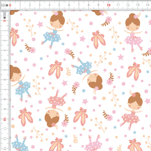 Tecido Tricoline Estampado Bailarinas Rosa e Azul 5166v001