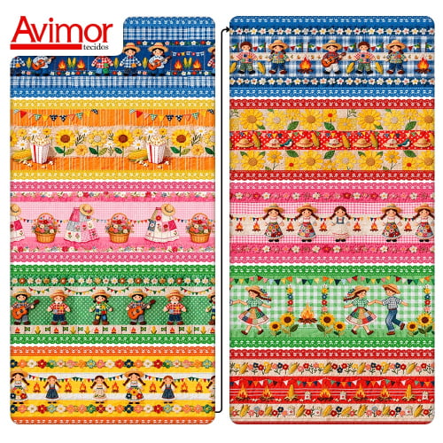 Tecido Tricoline Estampado Barrado Bonecos Festa Junino 0,55x1,50 9050v458