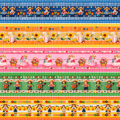 Tecido Tricoline Estampado Barrado Bonecos Festa Junino 0,55x1,50 9050v458