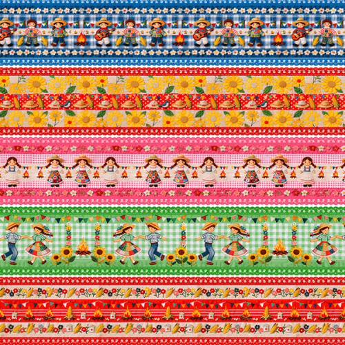 Tecido Tricoline Estampado Barrado Bonecos Festa Junino 0,55x1,50 9050v458
