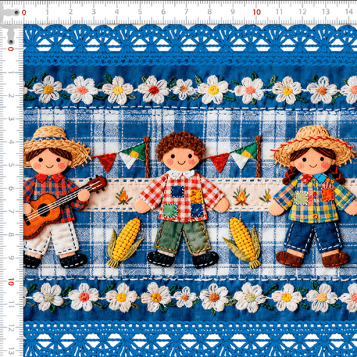 Tecido Tricoline Estampado Barrado Bonecos Festa Junino 0,55x1,50 9050v458
