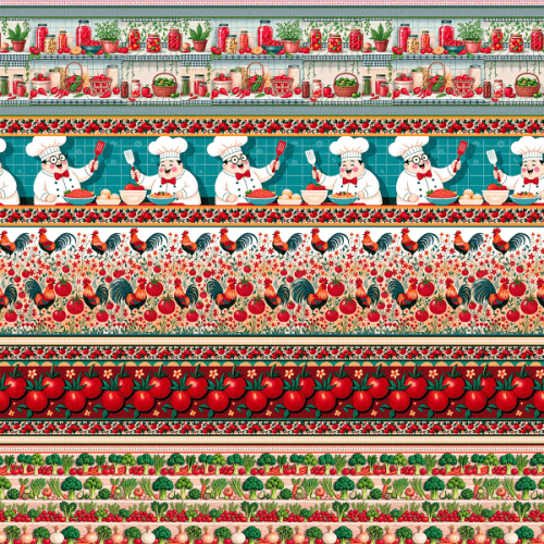 Tecido Tricoline Estampado Barrado Chefe e Tomates Vermelhos 9050v304