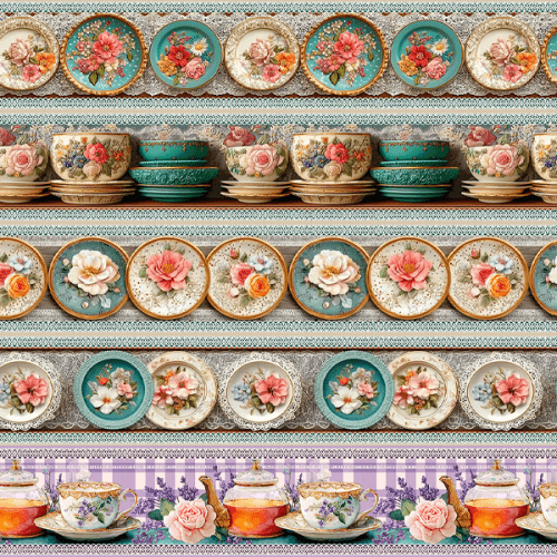 Tecido Tricoline Estampado Barrado Jardim das Porcelanas 9050V478