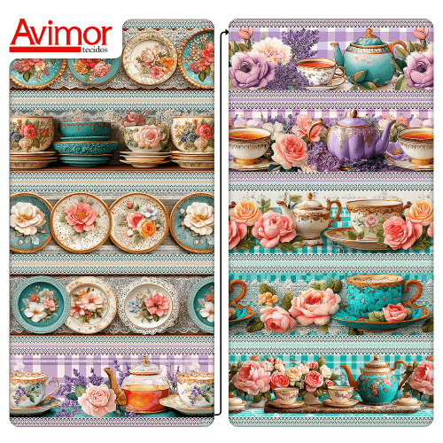 Tecido Tricoline Estampado Barrado Jardim das Porcelanas 9050V478