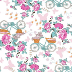 Tecido Tricoline Estampado Bicicleta Floral Rosa 3384