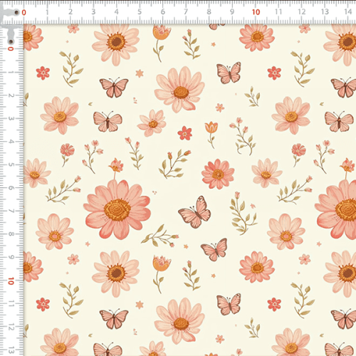 Tecido Tricoline Estampado Borboletas e Botões de Florais 9050V410