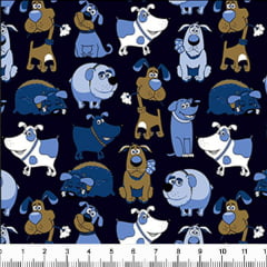 Tecido Tricoline Estampado Cachorros Azul e Marrom 6417v09