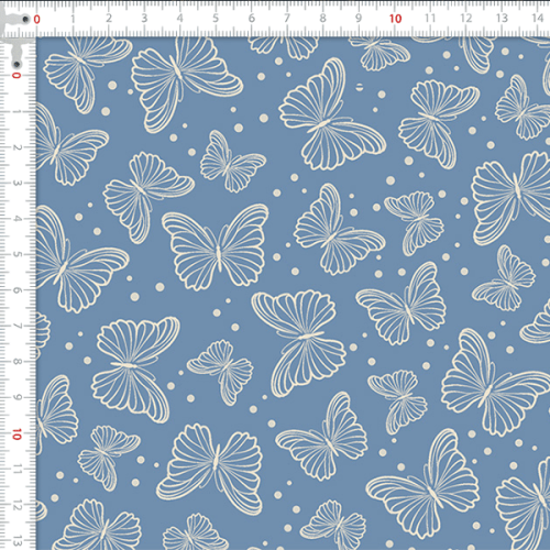 Tecido Tricoline Estampado Carimbo de Boboleta Azul 1418V131
