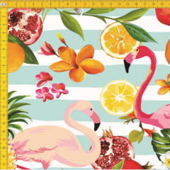Tecido Tricoline Estampado Digital  Flamingos E Frutas 9030E027