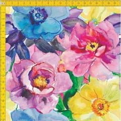 Tecido Tricoline Estampado Digital Floral Rosa Azul e Amarelo 9100E030