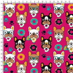 Tecido Tricoline Estampado Cachorro Donuts Fundo Pink 6450v08