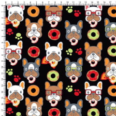 Tecido Tricoline Estampado Cachorro Donuts Fundo Preto 6450v06