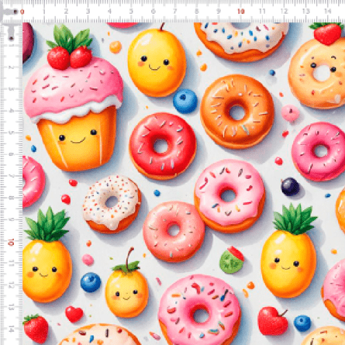 Tecido Tricoline Estampado Donuts e Frutinhas Fofas 9050v310