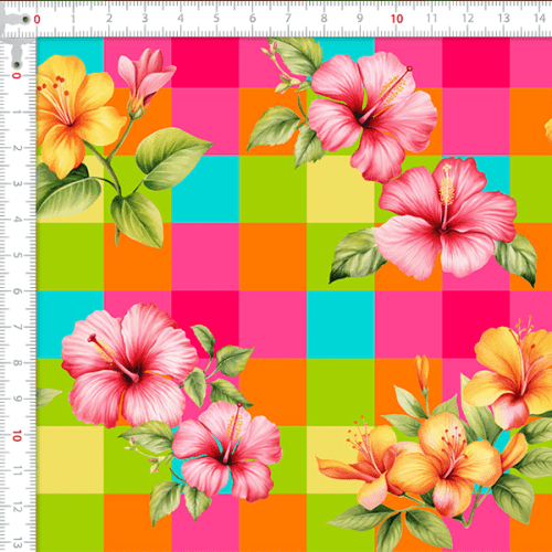 Tecido Tricoline Estampado Festa Flores Hibisco Grid Junino 9050v462