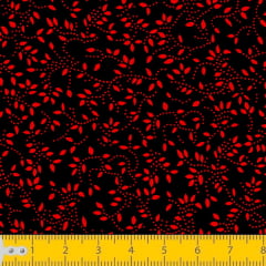 Tecido Tricoline Estampado Florais Vermelho Ramificado Fundo Preto 1047v012