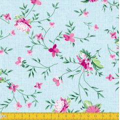 Tecido Tricoline Estampado Floral Delicado Fundo Texturizado Azul 8047v01