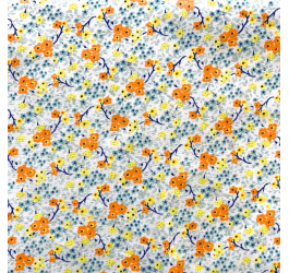 Tecido Tricoline Estampado Floral Laranja e Azul Fundo Branco CL4225