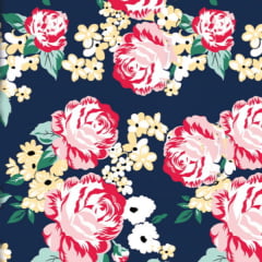 Tecido Tricoline Estampado Floral Pintado Fundo Azul Marinho 2930