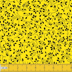 Tecido Tricoline Estampado Floral Ramificado Preto Fundo amarelo 1047v114