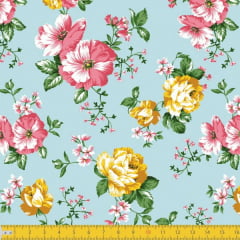 Tecido Tricoline Estampado Floral Rosa E amarelo Fundo Azul 8046v01