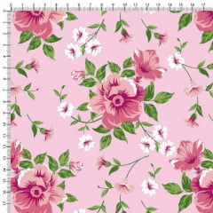 Tecido Tricoline Estampado Floral Rosa e Botões Fundo Rosa Claro 6449v05