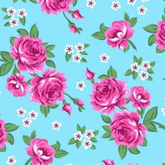 Tecido Tricoline Estampado Floral Rosa e Branco Fundo Azul 2640v1