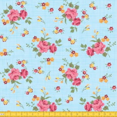 Tecido Tricoline Estampado Floral Rosa Fundo Azul Claro Riscado 8017v3