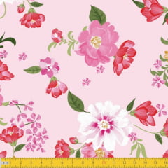 Tecido Tricoline Estampado Floral Colorido Fundo Rosa 8045v02