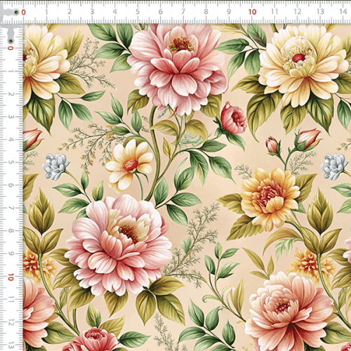 Tecido Tricoline Estampado Floral Sobre Fundo Bege 9050V399