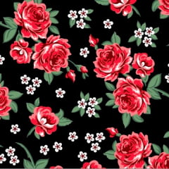 Tecido Tricoline Estampado Floral Vermelho e Branco Fundo Preto 2640v2