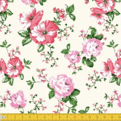 Tecido Tricoline Estampado Floral Vermelho e Rosa Fundo Amarelo Claro 8046v02