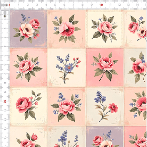 Tecido Tricoline Estampado Floral Vintage Rosa e Lavanda 9050v293