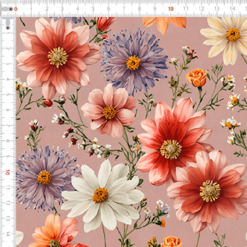 Tecido Tricoline Estampado Flores Camponesas em Fundo Rosa Antigo 9050v283