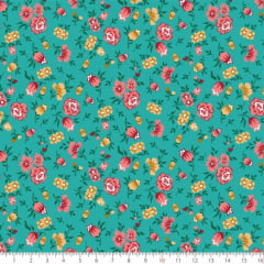 Tecido Tricoline Estampado Flores e Botões Verde 6176v01