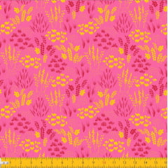 Tecido Tricoline Estampado Folhagem Rosa e Amarelo 2013v09