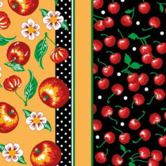 Tecido Tricoline Estampado  Barrado Frutas e Flores Amarelo 2710v1