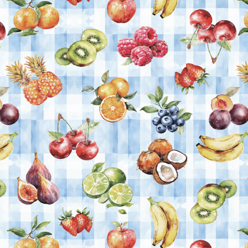Tecido Tricoline Estampado Frutas Sobre Xadrez Azul 9050V423 Tecido Tricoline Estampado Frutas Sobre Xadrez Azul 9050V423