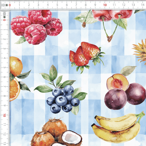 Tecido Tricoline Estampado Frutas Sobre Xadrez Azul 9050V423
