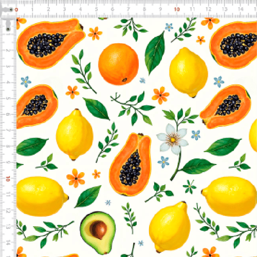 Tecido Tricoline Estampado Frutas Tropicais e Folhagens 9050v311