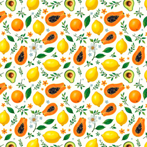 Tecido Tricoline Estampado Frutas Tropicais e Folhagens 9050v311