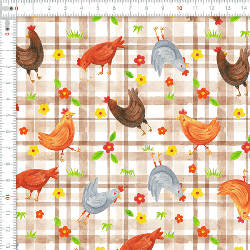 Tecido Tricoline Estampado Galinhas sobre Xadrez 9050V413